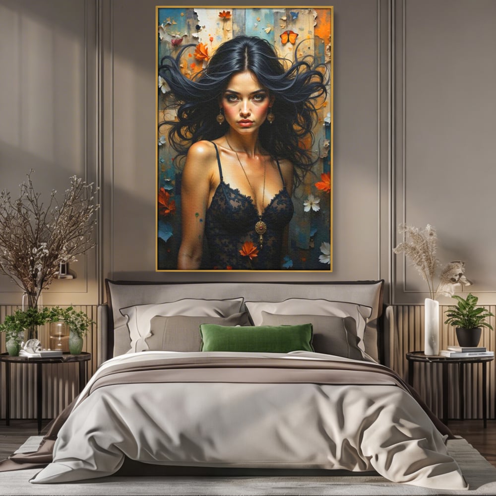 Tablou canvas cu tablou canvas cu portret de femeie par negru fluturi si frunze, in rama de aluminiu auriu, pe perete intr-un dormitor